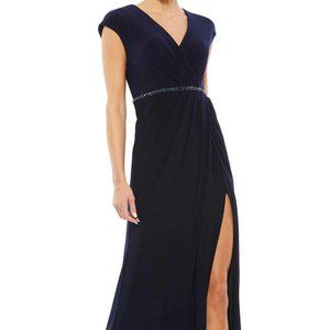Mac Duggal Navy Blue Crystal Belt Jersey Gown